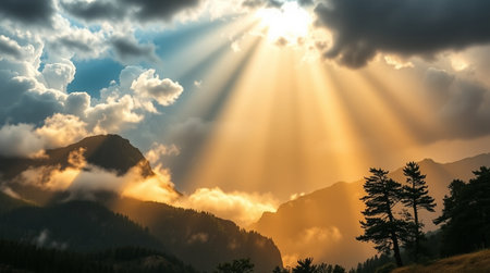 Sunset in the mountains with clouds and sunbeams, Switzerlandの写真素材