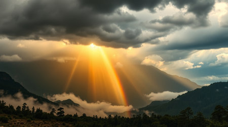 Sunset in the mountains with clouds and rays of light in the skyの写真素材