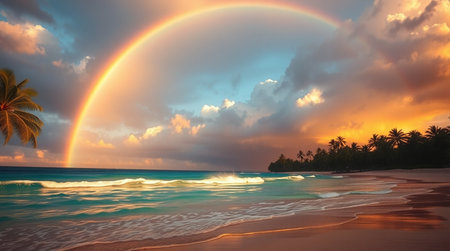 Rainbow over a tropical beach at sunset. 3D Renderingの写真素材