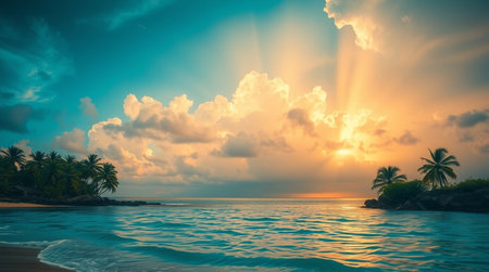 Tropical beach at sunset with palm trees and sunbeamsの写真素材