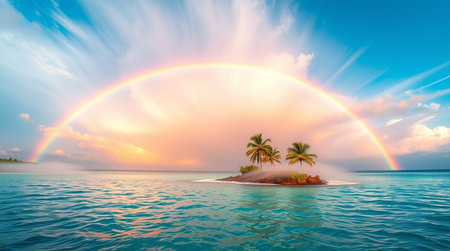 Tropical island with palm trees and rainbow in the sky.の写真素材