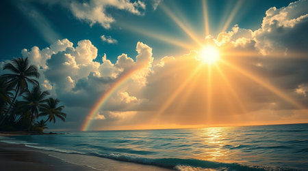 Beautiful sunset over the ocean with a rainbow in the sky.の写真素材