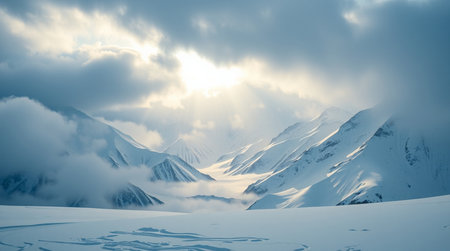 Winter mountains panorama with snow covered trees and blue sky with clouds