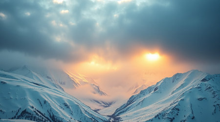 Sunset in the mountains. Beautiful winter landscape with snowy mountains.