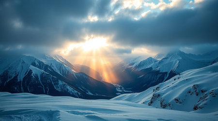 Winter mountains panorama with snow covered peaks and bright sunbeams