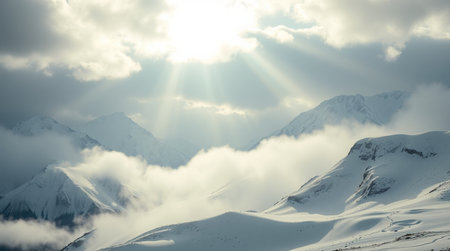 Mountain landscape with clouds and sun. Caucasus Mountains, Georgia, region Gudauri.