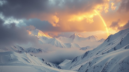 Snowy mountains at sunset. Caucasus Mountains, Georgia, region Gudauri.
