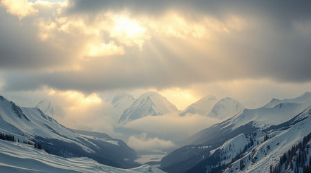 Beautiful alpine panorama of snow covered mountain peaks at sunset, Switzerland