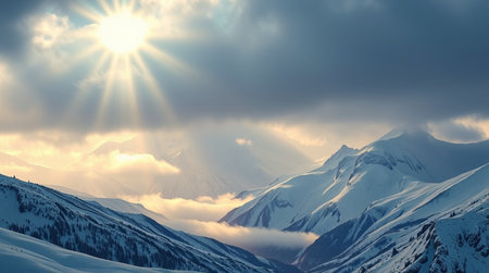 Winter mountains panorama with snow covered trees and blue sky with cloudsの写真素材