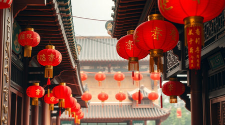 Lanterns at the entrance to a Chinese temple in China