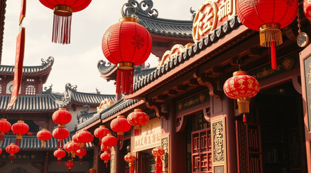 Chinese red lanterns in chinese temple, Bangkok, Thailand.の写真素材