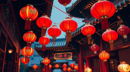 Traditional chinese red lanterns at the entrance of a temple.