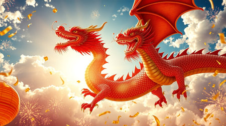 Chinese dragon flying in the sky with firecrackers and confetti