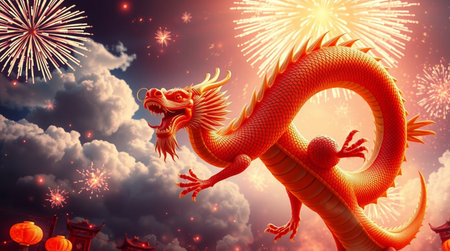 Chinese dragon with firework in the sky. 3D rendering.の写真素材