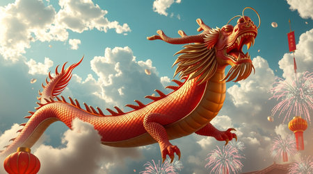 Chinese dragon with firework and clouds in the sky, 3d renderの写真素材