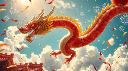 Chinese dragon flying in the sky. 3D rendering and illustration.の写真素材
