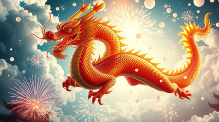Chinese dragon with fireworks in the sky. 3D illustration. Chinese New Year.の写真素材