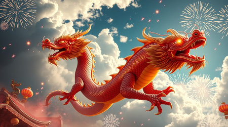 Chinese dragon with firework in the sky. 3D rendering.の写真素材