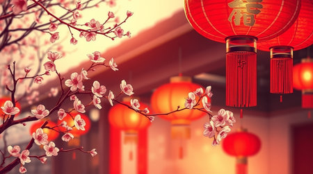 Chinese New Year lanterns and blooming sakura tree in the city