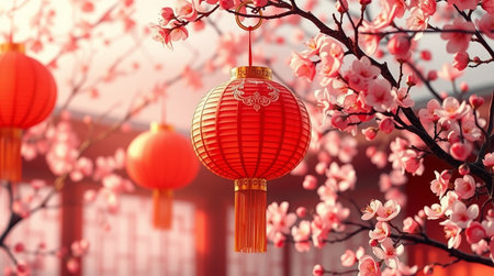 Chinese lanterns with cherry blossom in spring. Traditional Chinese decorationの写真素材