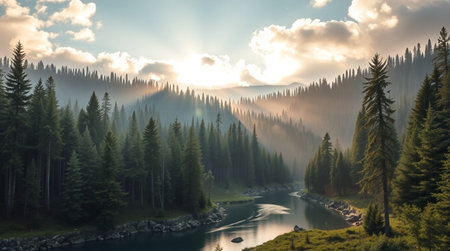 Beautiful panoramic view of the mountain river in the forest.の写真素材