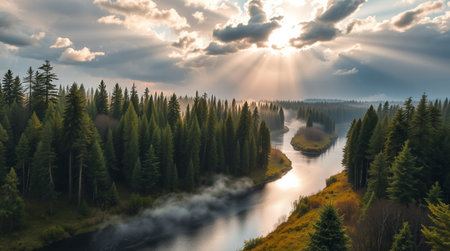 Aerial view of river and forest at sunset. Beautiful summer landscape