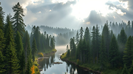 Foggy morning in the coniferous forest on the bank of the mountain river