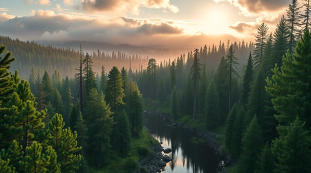 Foggy sunrise in the forest. Mountain river flowing through the forest.