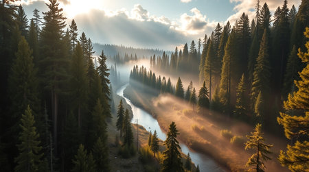 Aerial view of a misty river in the forest at sunset