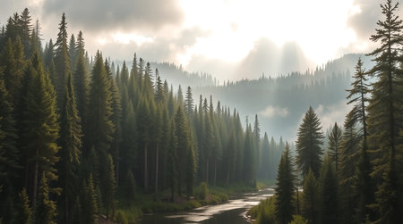 Panoramic view of the mountain river and coniferous forest