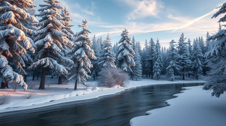 Fantastic winter landscape with snow covered trees and river at sunset