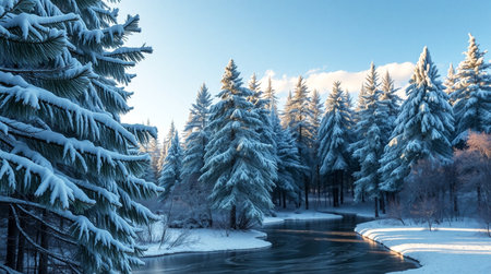Beautiful winter landscape with snowy fir trees and river at sunset.
