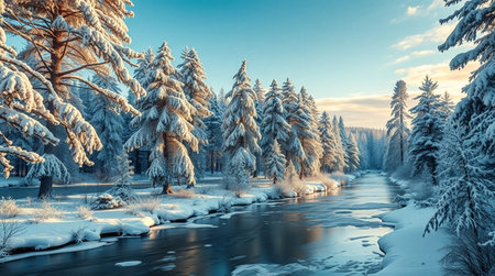 Beautiful winter landscape with snow covered trees on the bank of the river