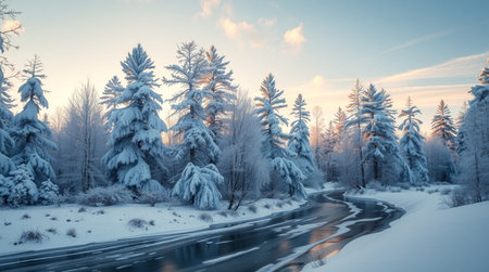 Beautiful winter landscape with snow-covered trees and a road.