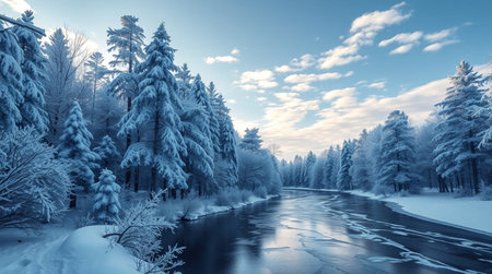 Beautiful winter landscape. Winter forest with river and blue sky.