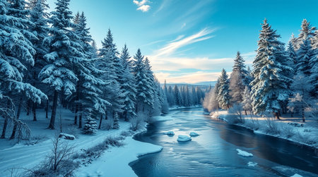 Beautiful winter landscape with a frozen river and coniferous forest.