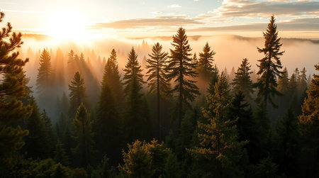 Sunrise in the coniferous forest. Beautiful nature background.の写真素材