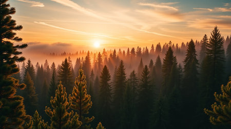 Sunset over the pine forest in the Carpathian mountains.の写真素材