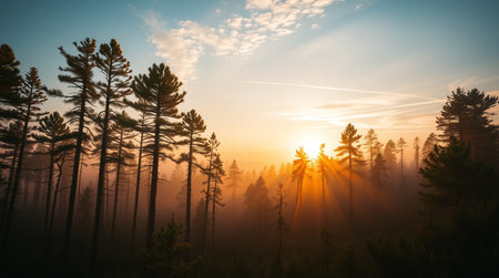 Foggy sunrise in a pine forest. Beautiful summer landscape.の写真素材