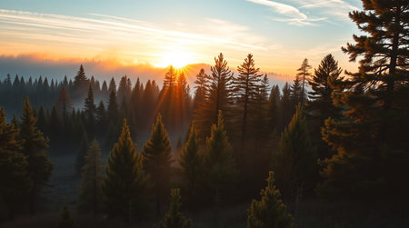 Foggy sunrise in the mountains. Beautiful landscape with misty forest.の写真素材