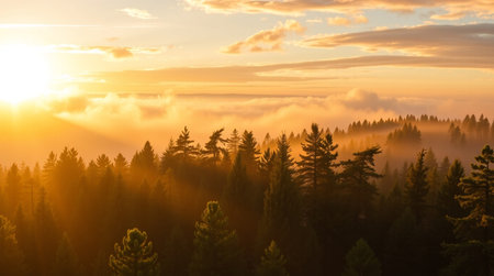 Foggy morning in the coniferous forest. Sunrise.の写真素材