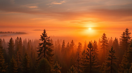 Foggy morning in the coniferous forest. Sunrise.の写真素材