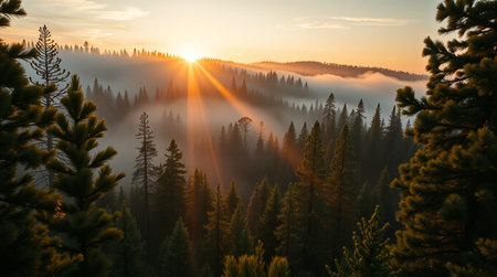 Sunrise in the pine forest. Beautiful landscape with sunbeams.の写真素材