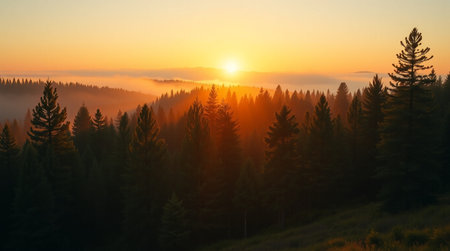 Sunrise in the mountains. Beautiful landscape with foggy forest.の写真素材