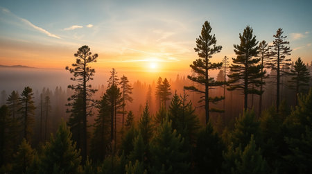 Panoramic view of misty coniferous forest at sunrise