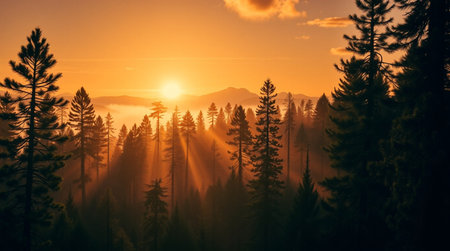 Foggy sunrise over the coniferous forest in the mountains