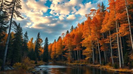 Autumn forest and river. Colorful trees in autumn forest.の写真素材