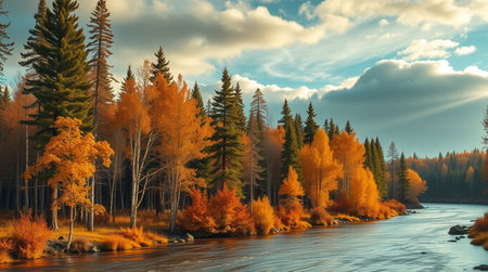 Beautiful autumn landscape with river and yellow trees in the forest.の写真素材
