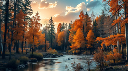 Autumn landscape with colorful forest and mountain river. 3d renderingの写真素材