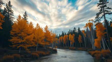Autumn landscape with colorful forest and river. 3d rendering.